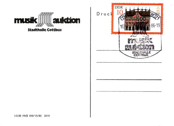 Briefmarken Sonderstempel Musikauktion Cottbus DDR 