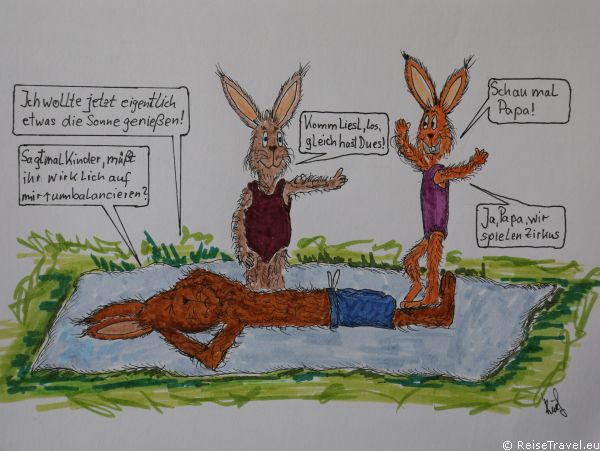 Sonnenbad Kaef Comics Familie Hase im Stubaital by ReiseTravel.eu